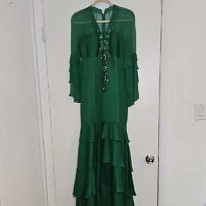 FLAMENCO COSTUMES Silk Green and Navy Tiered Ruffle with Embellished Front